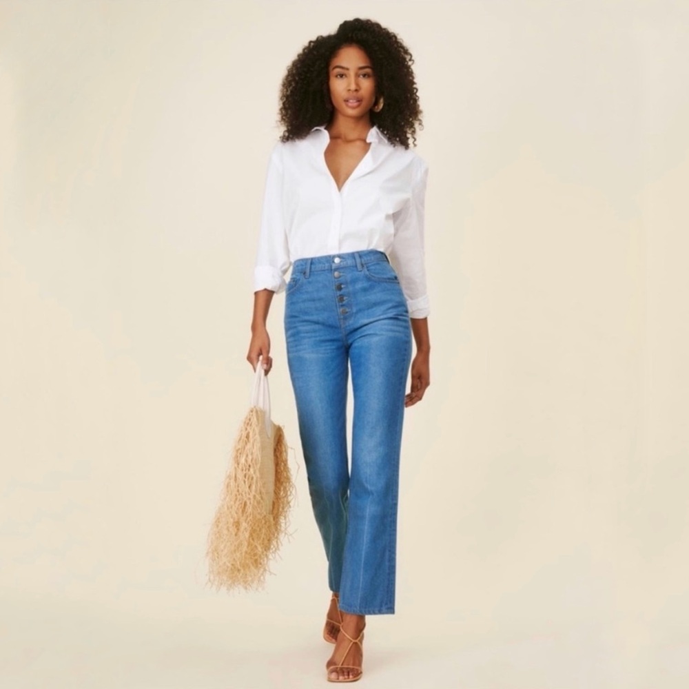 Reformation Cynthia Button Fly High-Rise Straight Jeans in Zenia Wash [P46]